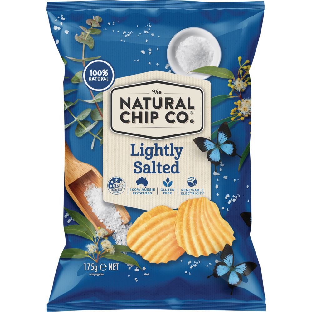 Lightly salted Natural Chip Co. confectionery snack chips in a clear bowl, showcasing their crispy texture and golden color.