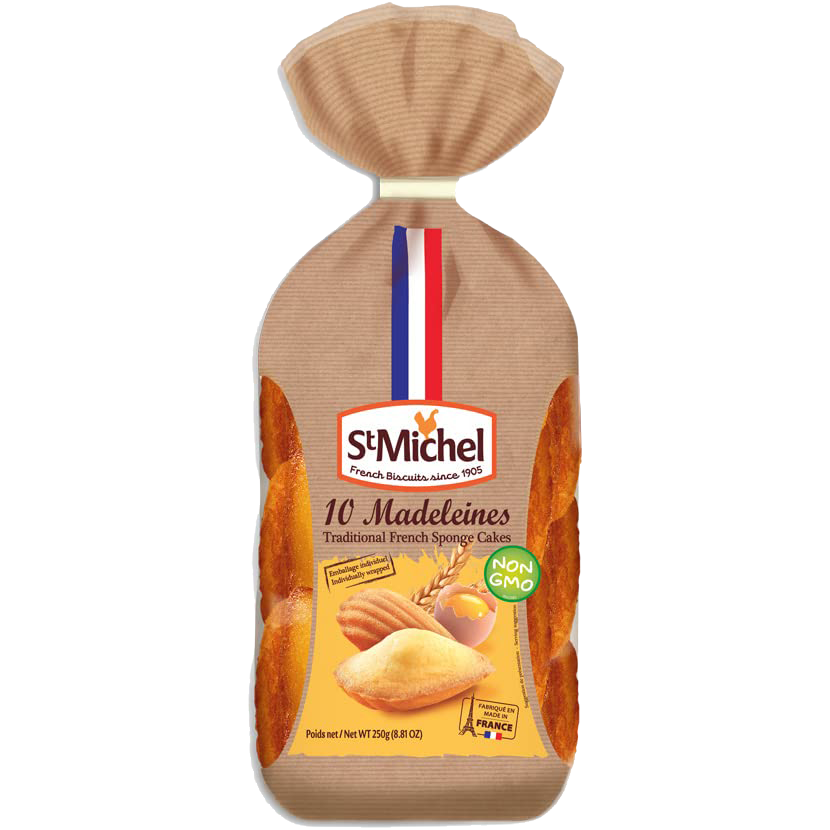 Golden St Michel Madeleines arranged on a white plate, showcasing their classic shell shape and buttery texture.