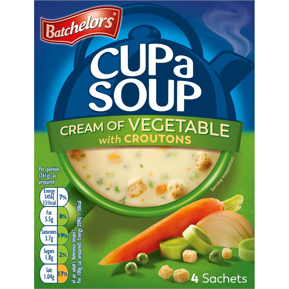 Pack of Batchelors Cup A Soup Cream of Vegetable, instant soup in a convenient cup with creamy vegetable flavor.