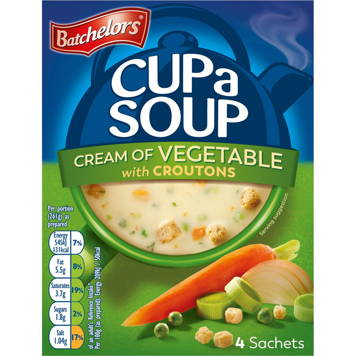 Pack of Batchelors Cup A Soup Cream of Vegetable, instant soup in a convenient cup with creamy vegetable flavor.