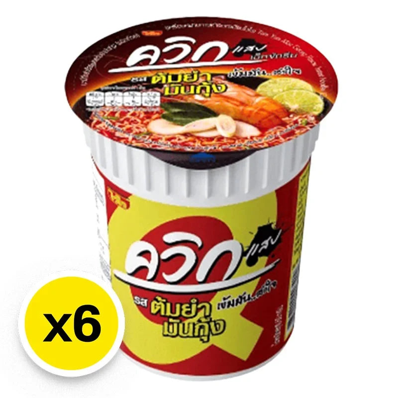 Quick Instant Noodle Cup Tom Yum Mun Kung, 60g x6, dry grocery product with spicy Thai Tom Yum flavor and seafood ingredients.