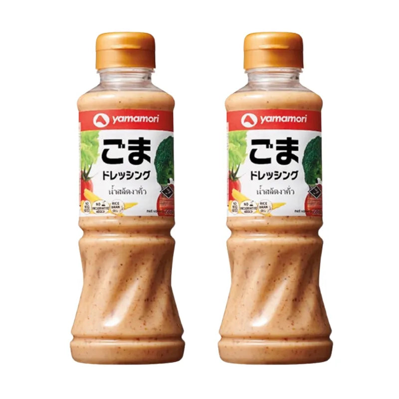 Yamamori Roasted Sesame Salad Dressing bottle, no MSG, 220ml, displayed with two bottles in a dry grocery setting.