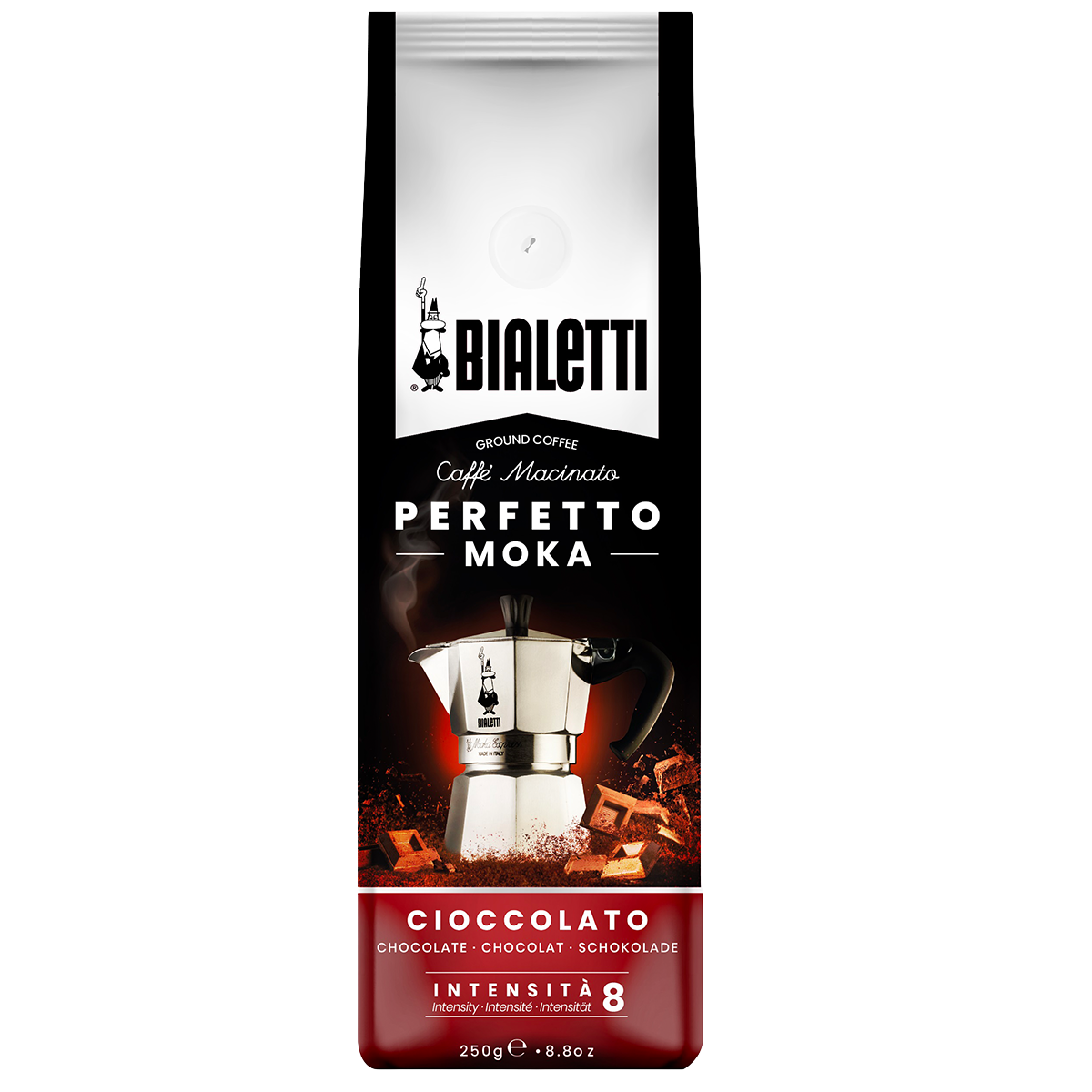 Bialetti Cioccolato drink in a glass with a straw, showcasing rich chocolate beverage with a creamy texture.