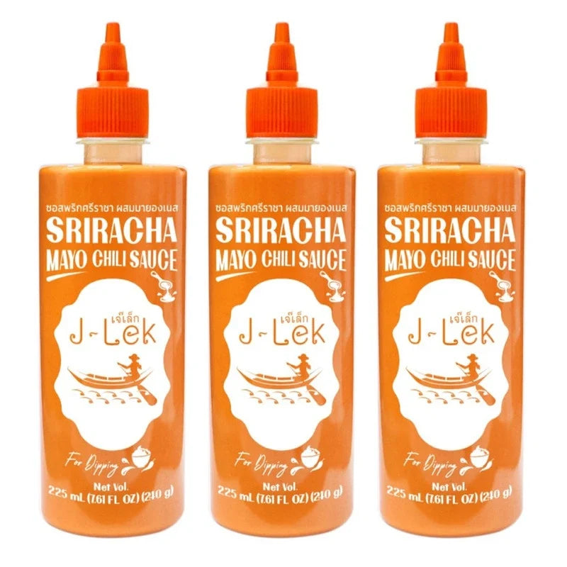 J-LEK Sriracha Chili Sauce and Mayonnaise bottles, 240g, dry grocery product, spicy chili and creamy mayonnaise condiment set