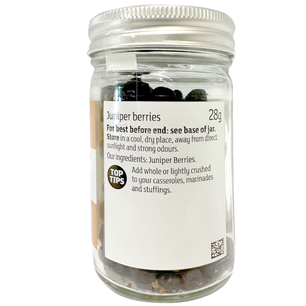 Sainsbury's juniper berries in a clear jar, showing small, dark aromatic berries used for flavoring in cooking and beverages.