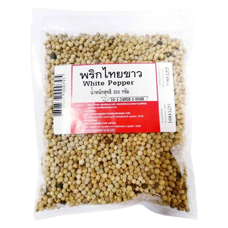 Makro White Pepper 250g in a clear plastic container, showing white pepper granules, ideal for dry grocery cooking.