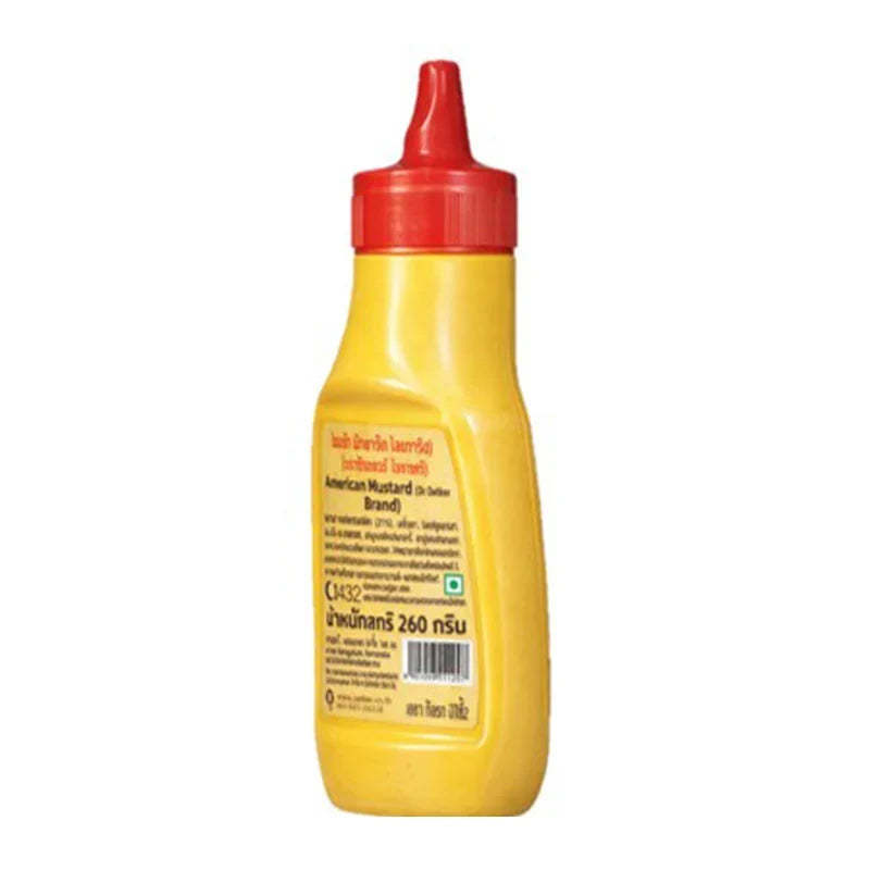 Dry grocery image of Dr. Oetker American Mustard 260g jar, showing the mustard with the brand label visible.