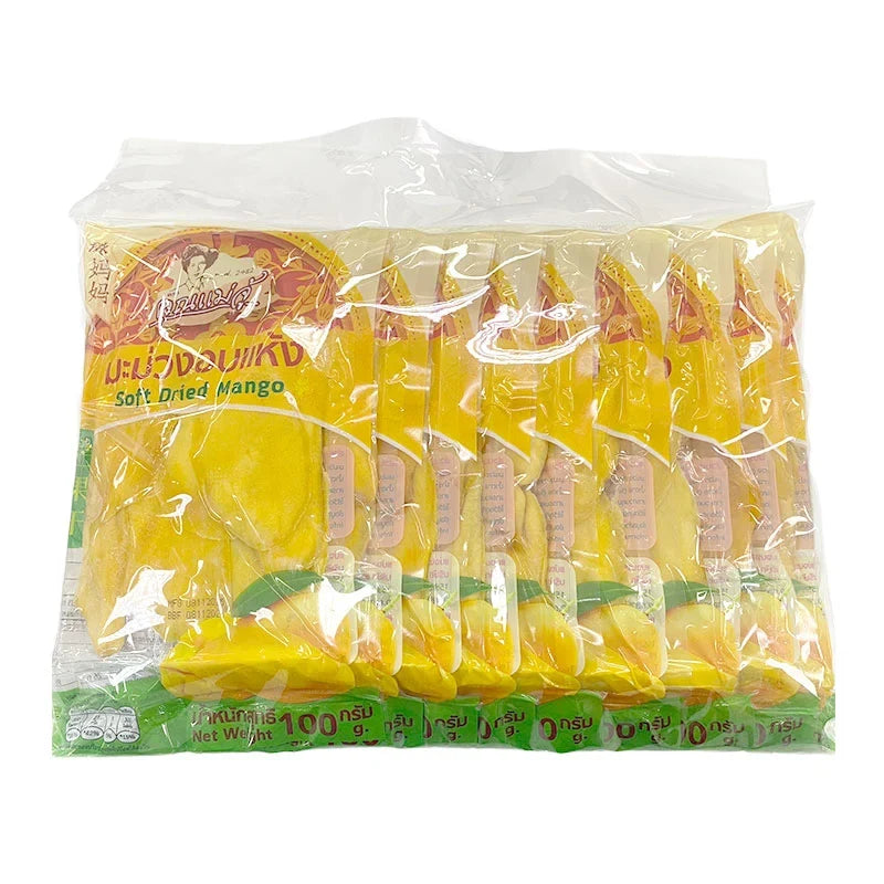Dried mango slices in a clear package, Khunmaeju brand, 100g, part of dry grocery fruit selection.