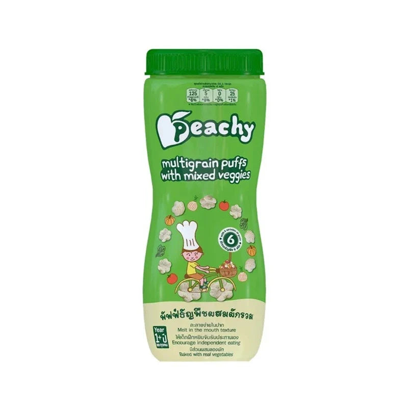 Peachy multigrain puff snacks with vegetable mix, dry grocery snack, crispy and colorful snack confectionery by PEACHY.