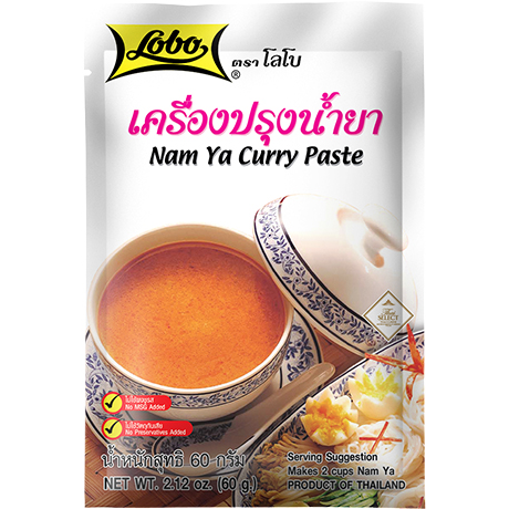 Lobo Nam Ya curry paste in a jar, rich and flavorful Thai grocery product with a red and yellow label showing ingredients.