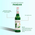 Bottle of Monin Pandan Syrup 700ml for dry grocery, featuring the label and green-tinted packaging.