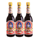 Three bottles of Maekrua Oyster Sauce, 600ml each, shown in a row, ideal for Asian cuisine cooking.