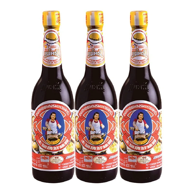 Three bottles of Maekrua Oyster Sauce, 600ml each, shown in a row, ideal for Asian cuisine cooking.