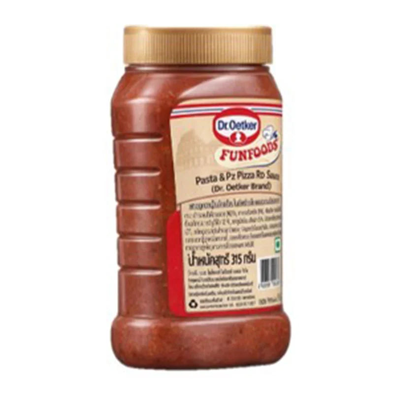 Dry grocery image of Dr. Oetker Pasta and Pizza Red Sauce 315g jar with a red label and product details on the front.