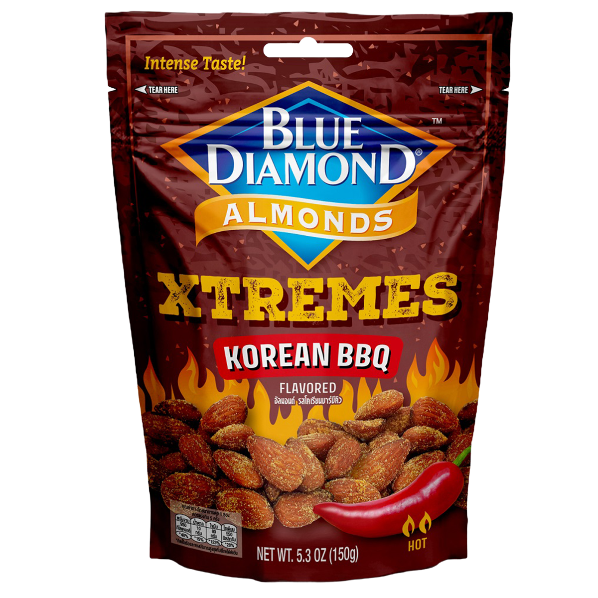 Blue Diamond Almonds Korean BBQ flavor confectionery snack in a clear bag with almonds visible inside.