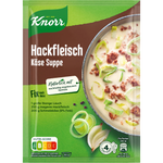 Knorr Fix Hackfleisch K��se Suppe in a bowl with cooked ground meat and melted cheese, ready to serve.