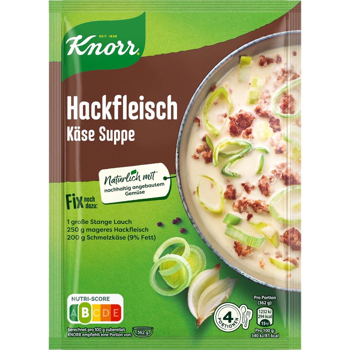 Knorr Fix Hackfleisch K��se Suppe in a bowl with cooked ground meat and melted cheese, ready to serve.