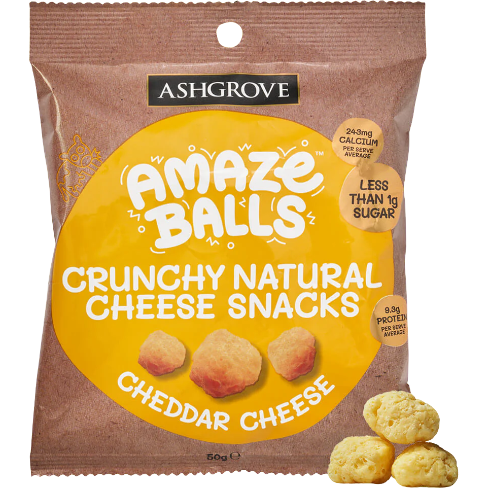A close-up of Amazeballs Cheddar Cheese confectionery snacks in colorful packaging with cheesy snacks inside.