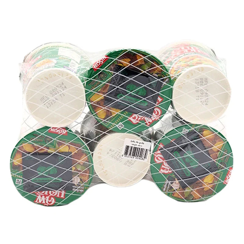 Nissin Cup Instant Noodle Minced Pork Flavor in 77g package, showing the dry noodle cup with pork flavor seasoning.