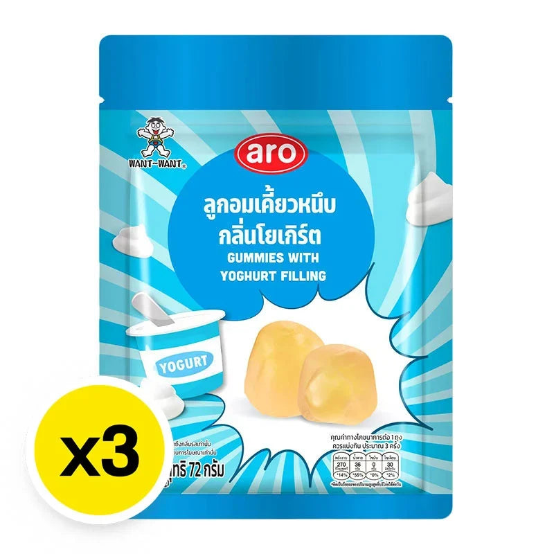 ARO Gummy Yogurt snack pack, 72g x3, colorful gummy candies with yogurt flavor in clear packaging.