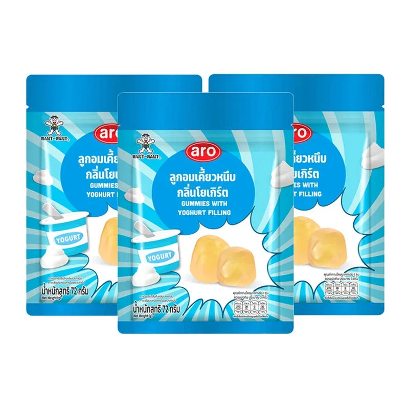 ARO Gummy Yogurt snack pack, 72g x3, soft chewy confectionery with yogurt flavor in colorful gummy shapes.