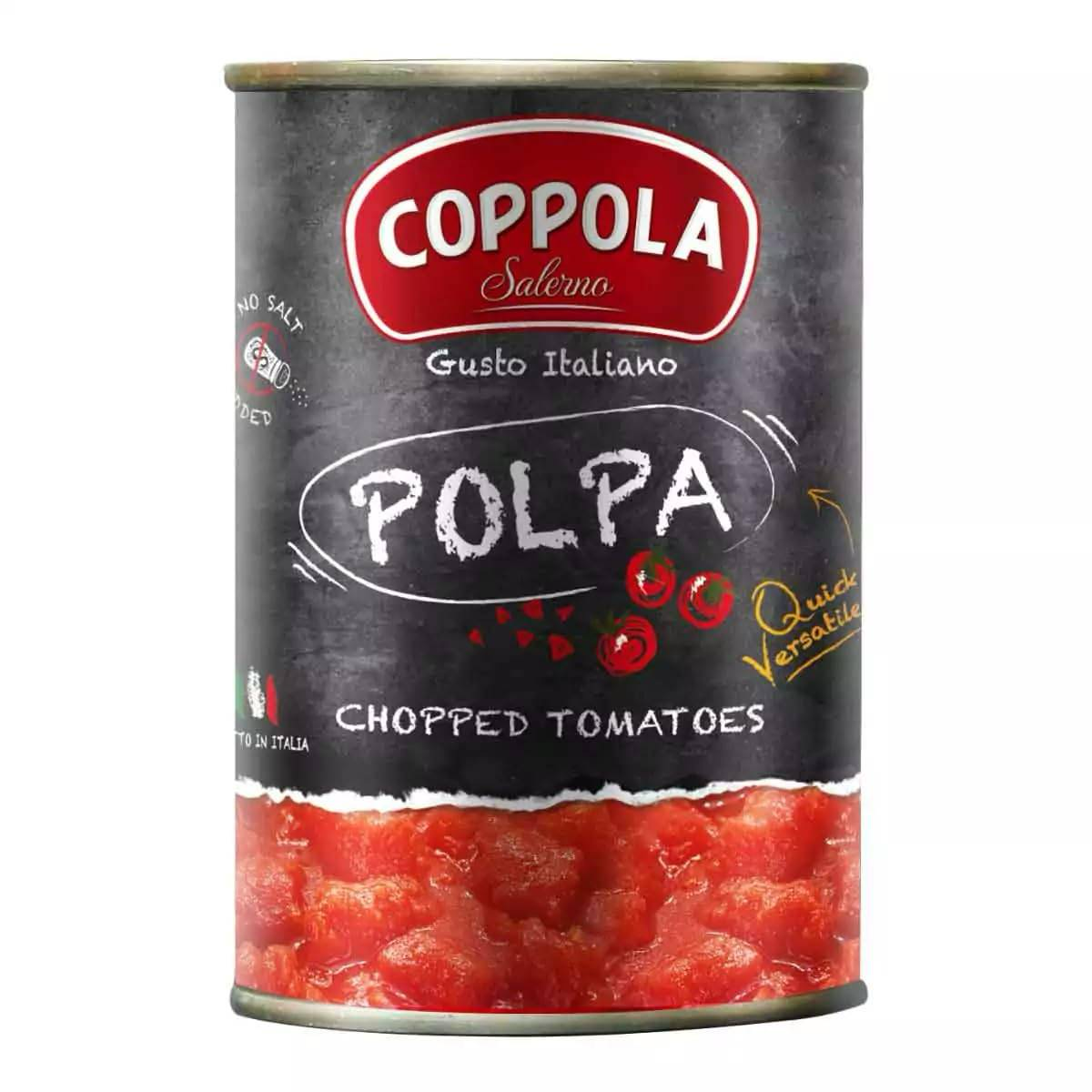 Coppola Polpa chopped tomatoes in a can, fresh and ripe tomato pulp for cooking and recipes, grocery product.