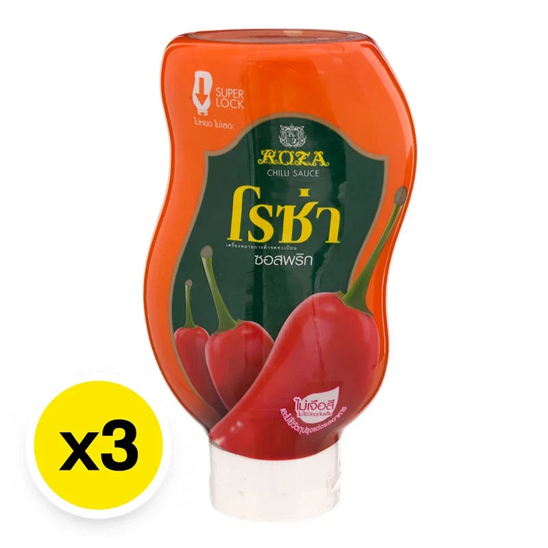 Roza Chili Sauce 250g pack, featuring three bottles of spicy chili sauce from ROZA, ideal for enhancing dishes.