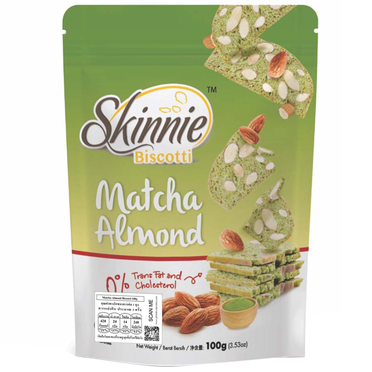 Skinnie Matcha Almond confectionery snacks featuring green tea-flavored coating and crunchy almond pieces in a close-up image.