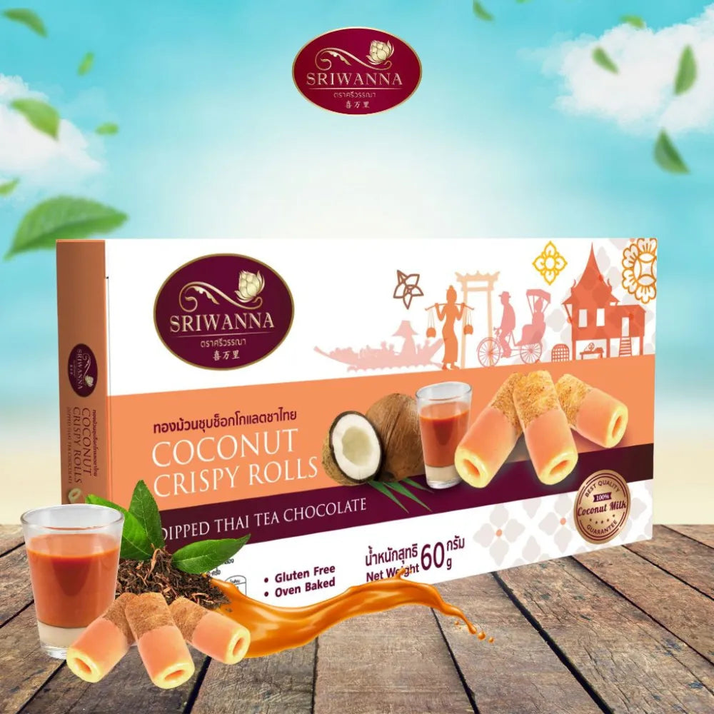 Sriwanna Coconut Crispy Rolls dipped in Thai tea, a 60g snack confectionery with crunchy texture and coconut flavor.