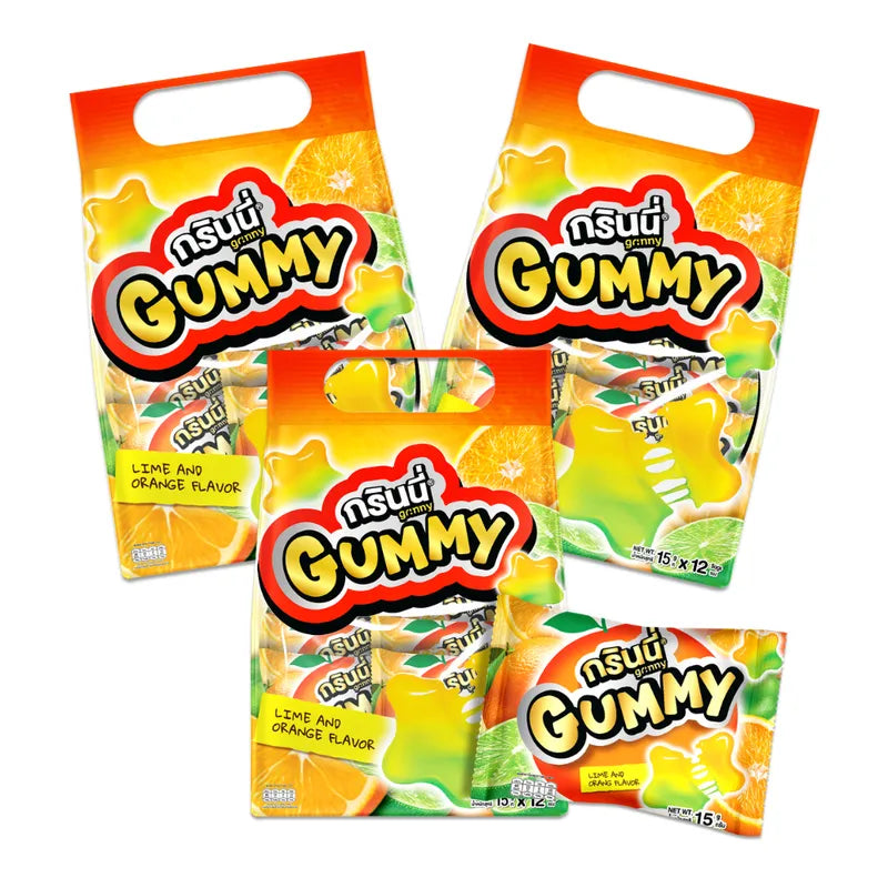 GRINNY Pectin Gummy Star snacks in lime and orange flavors, 15g x3, featuring colorful star-shaped candies in a bright snack pack.