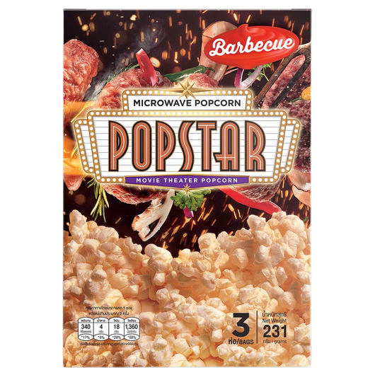 Popstar Microwave Bar-B-Q Flavor confectionery snacks in bright packaging, showing the snack variety and brand logo.