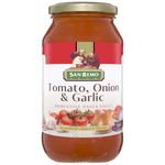 San Remo Tomato Onion Garlic Pasta Sauce jar with label, showcasing fresh ingredients and classic Italian flavor.