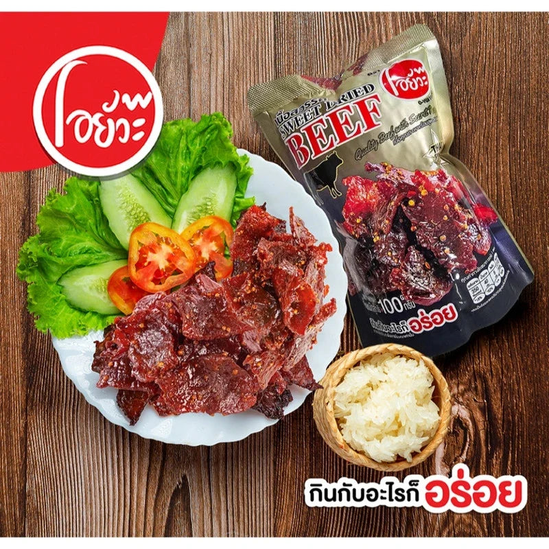 O-YUA Heavenly Beef Sweet Dried Snacks, high-quality beef confectionery with a secret recipe, shown in a close-up image.