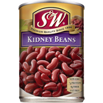 S&W kidney beans in a can, showing the label with product name and brand, ready for cooking or meal preparation.