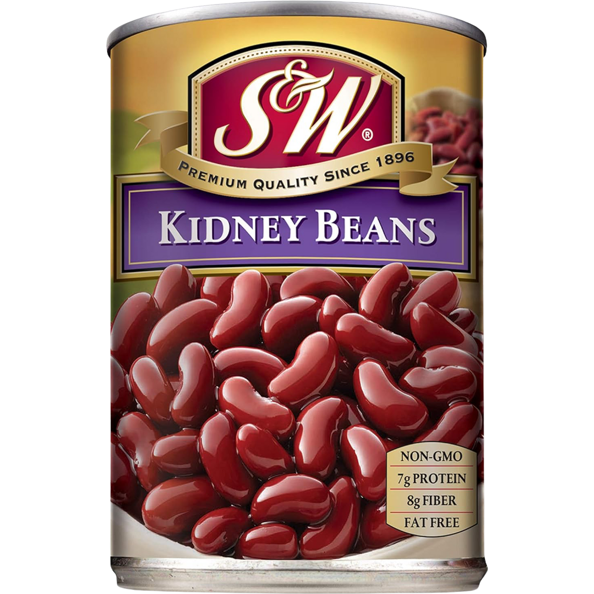 S&W kidney beans in a can, showing the label with product name and brand, ready for cooking or meal preparation.