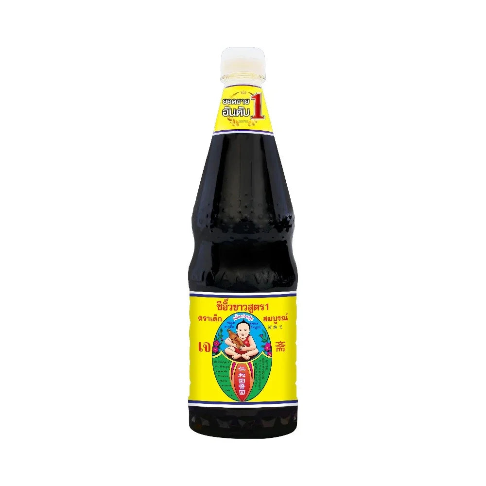 Deksomboon Thin Soy Sauce in 1000ml bottle, dry grocery product with clear label and dark soy sauce inside.