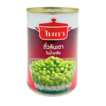 Canned Mica Green Peas in brine, 400g, showing bright green peas inside a metal can for dry grocery use