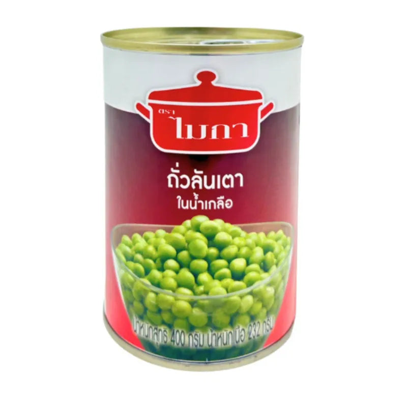 Canned Mica Green Peas in brine, 400g, showing bright green peas inside a metal can for dry grocery use
