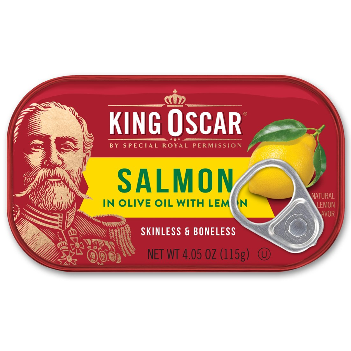 Canned King Oscar salmon in olive oil with lemon slices, ready to serve, displayed in a clear glass bowl on a white background.