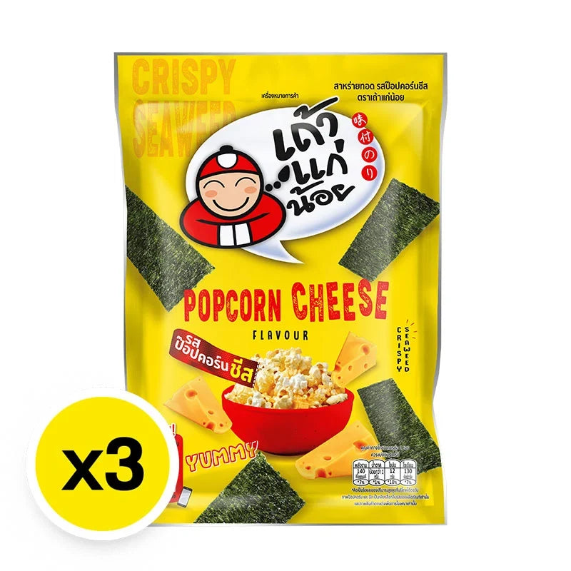 TAOKAENOI Seaweed Crispy Popcorn Cheese snack pack, 20g x 3, featuring crispy seaweed with cheesy flavor in a dry grocery snack.