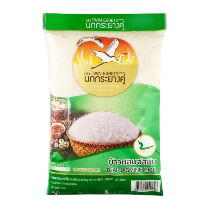 Nokkrayangkoo Double Egret Jasmine fragrant rice in a green bag, dry grocery product with clear branding and packaging visible.