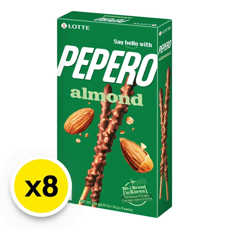 Lotte Almond Pepero BB snack pack with eight 32g chocolate-covered almond biscuit sticks on a white background.
