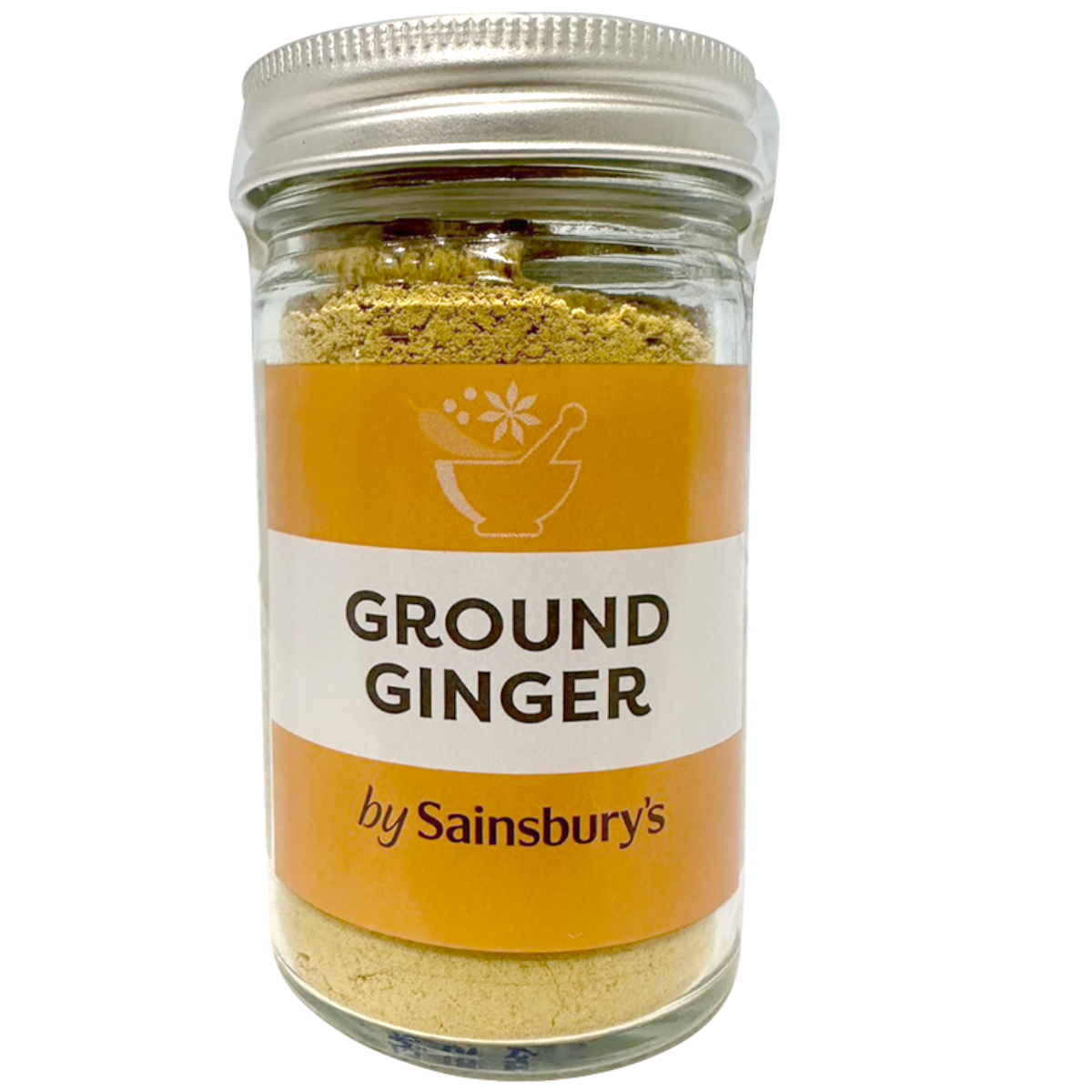 Ground ginger from Sainsbury's grocery brand, showing a container of finely ground ginger spice on a white background.