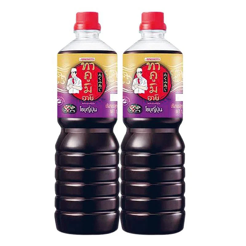 Takumi Aji Shoyu Soy Sauce 1L bottles, traditional Japanese dry grocery product, with dark soy sauce in clear bottles.