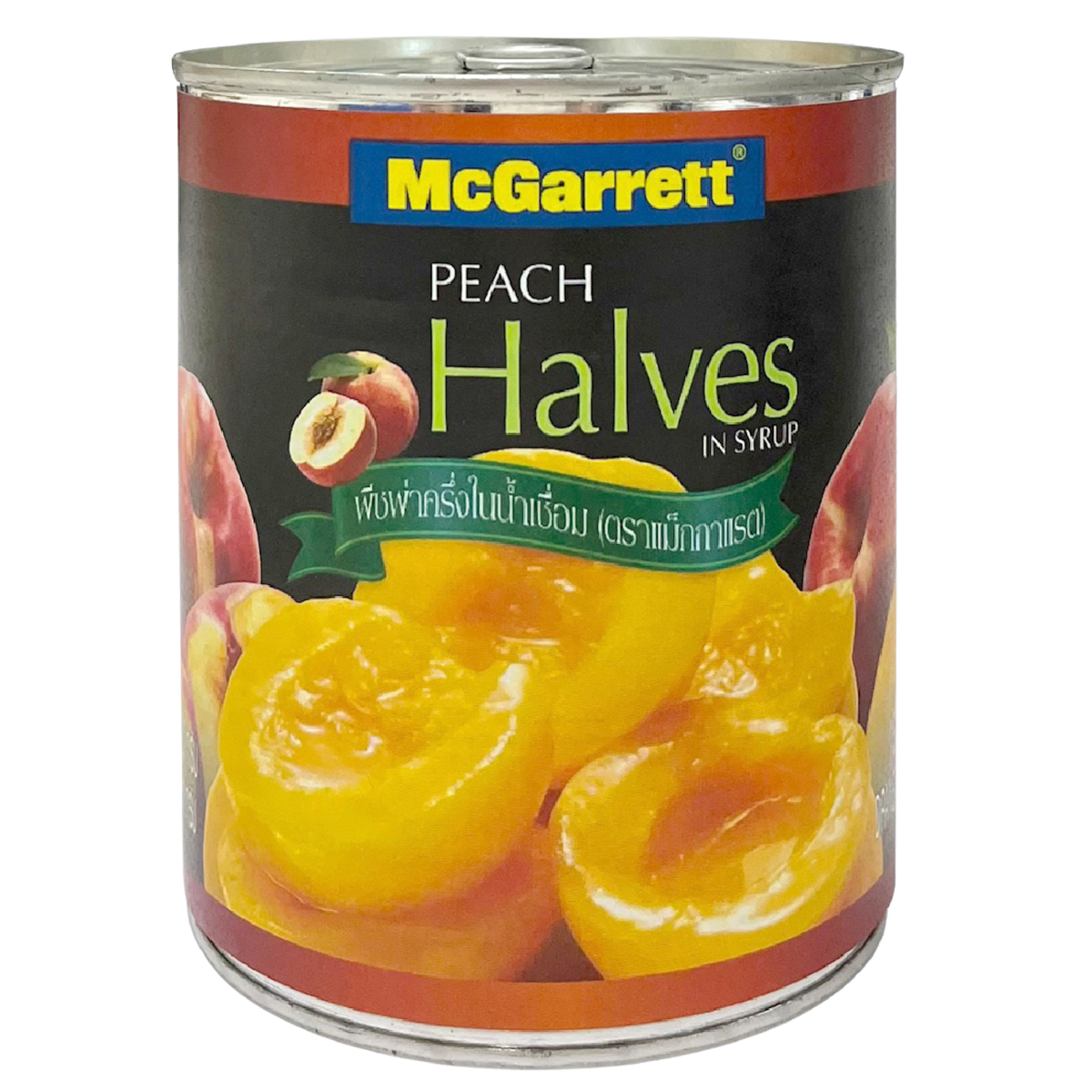 Canned McGarrett Peach Halves in syrup, packed in a can, ready for use in desserts or recipes.
