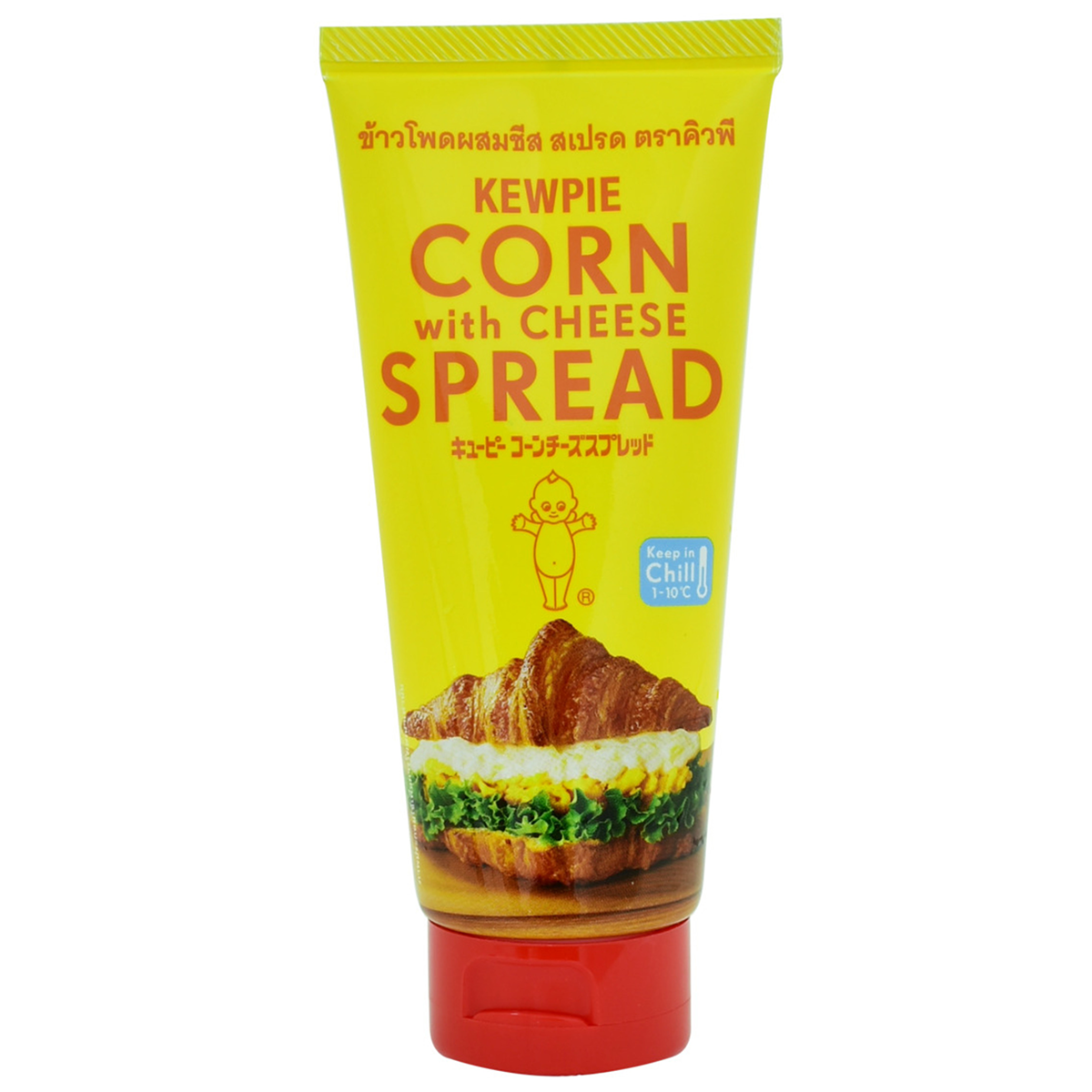 Kewpie Corn with Cheese Spread in a jar, creamy yellow cheese and sweet corn mixture, grocery product from Kewpie brand
