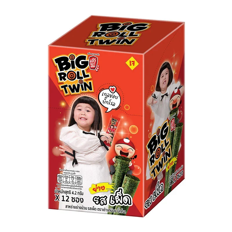 Taokaenoi Big Roll Spicy Grilled Seaweed Snack, 4.2g x12, dry grocery snack pack with crispy, roasted seaweed sheets.