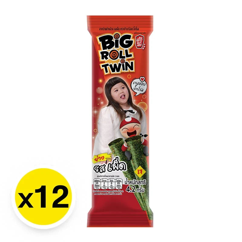 Pack of TAOKAENOI Big Roll Grilled Spicy Seaweed Snacks, 4.2g x12, crispy and flavorful dry snack for quick enjoyment.