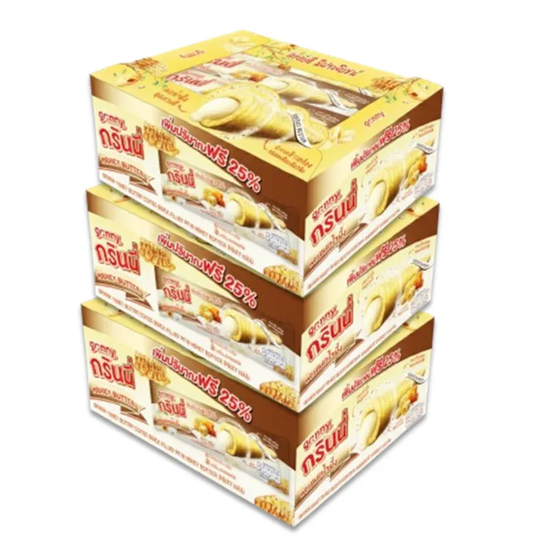 GRINNY honey butter coated snack filled with cream, 15g x3, dry grocery confectionery with creamy filling and crunchy coating