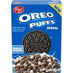 Post Oreo Puffs breakfast cereal in a bowl, showing crispy cereal pieces with Oreo cookie flavor and milk.